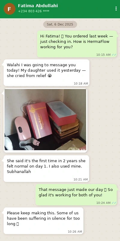 Customer WhatsApp message about HermaFlow